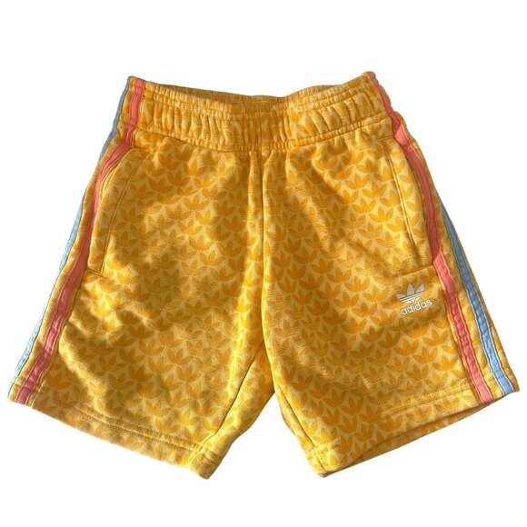 Adidas Kids Yellow Graphic Shorts Size 7-8 With Multicolor Stripes - Picture 1 of 5